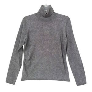 Chelsea & Theodore Turtleneck Gray Metallic Silk Sweater Rib Fitted Women Large